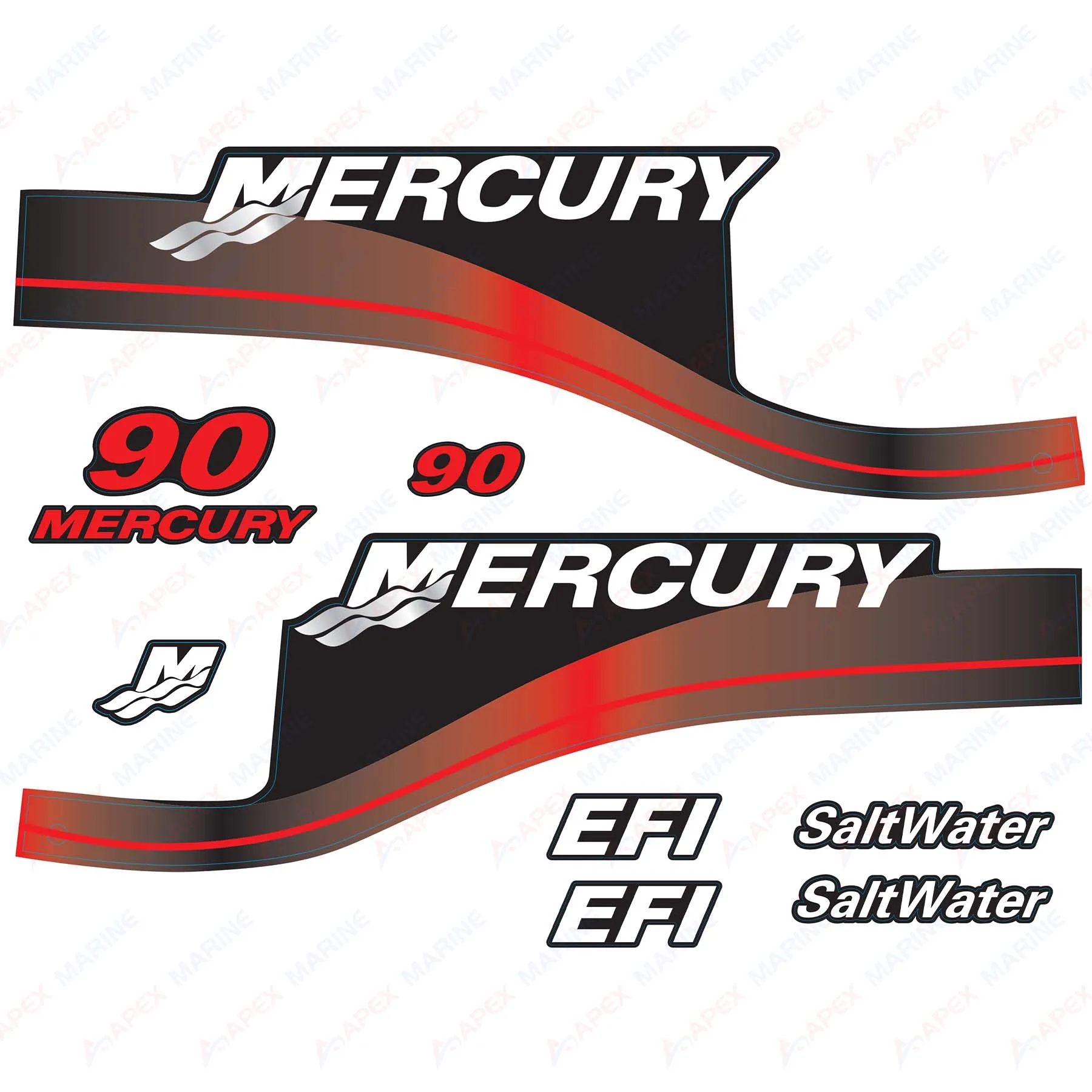 Decals for Mercury 90 HP EFI SaltWater Outboard Engine RED Decal Kit Sticker Set Reproduction 90hp EFI Salt Water