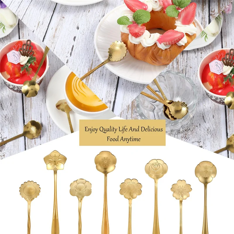 

A76X-40Pcs Gold Coffee Spoons Stainless Steel Flower Dessert Spoons 5 Inches Demitasse Spoons For Tableware Kitchen,Cafe,Bar