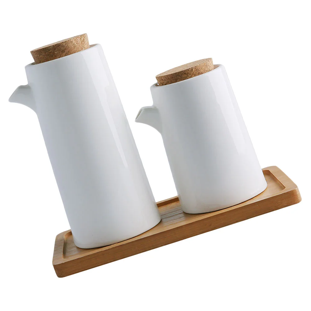 

Vinegar Bottle Ceramic Oil Pot Food Containers with Lids Condiment Bamboo Dispenser for Kitchen