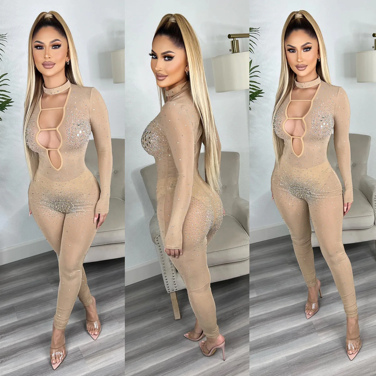 

Summer women's clothing sexy tight mesh hot diamond nightclub jumpsuit women slim and thin temperament streetwear new