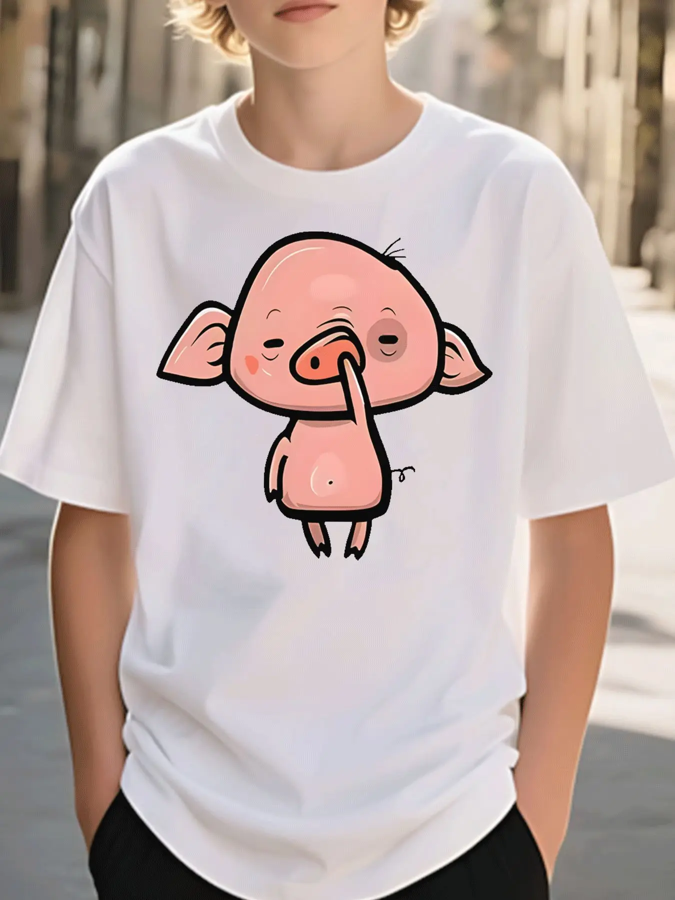 Lovely Shy Pink Pig Funny Cartoon Print Boys Girls Family Matching Cotton Short Sleeve Crew Neck Soft Summer Kids Casual Tees