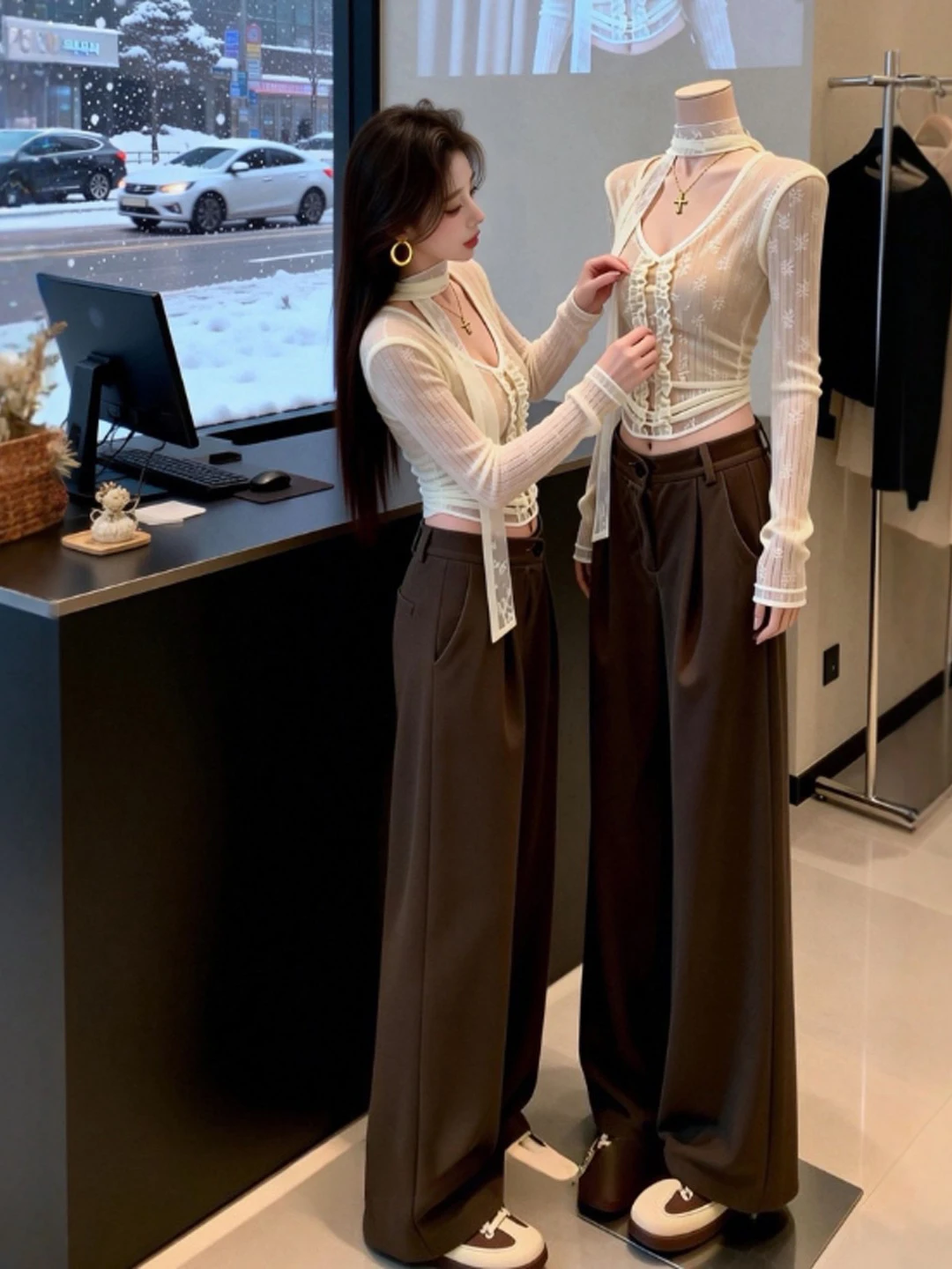 

Unique Beautiful V-ne Slim-fit T-irt Women's Inner Wear Lace Top Gentle Sle Spring Faion Casual Long Sve