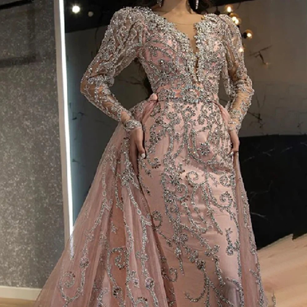 New Elegant Champagne Feather Long Sleeve Evening Gown Luxury 2023 Dubai Beaded Muslim Women Wedding Fashion Sequin Dress