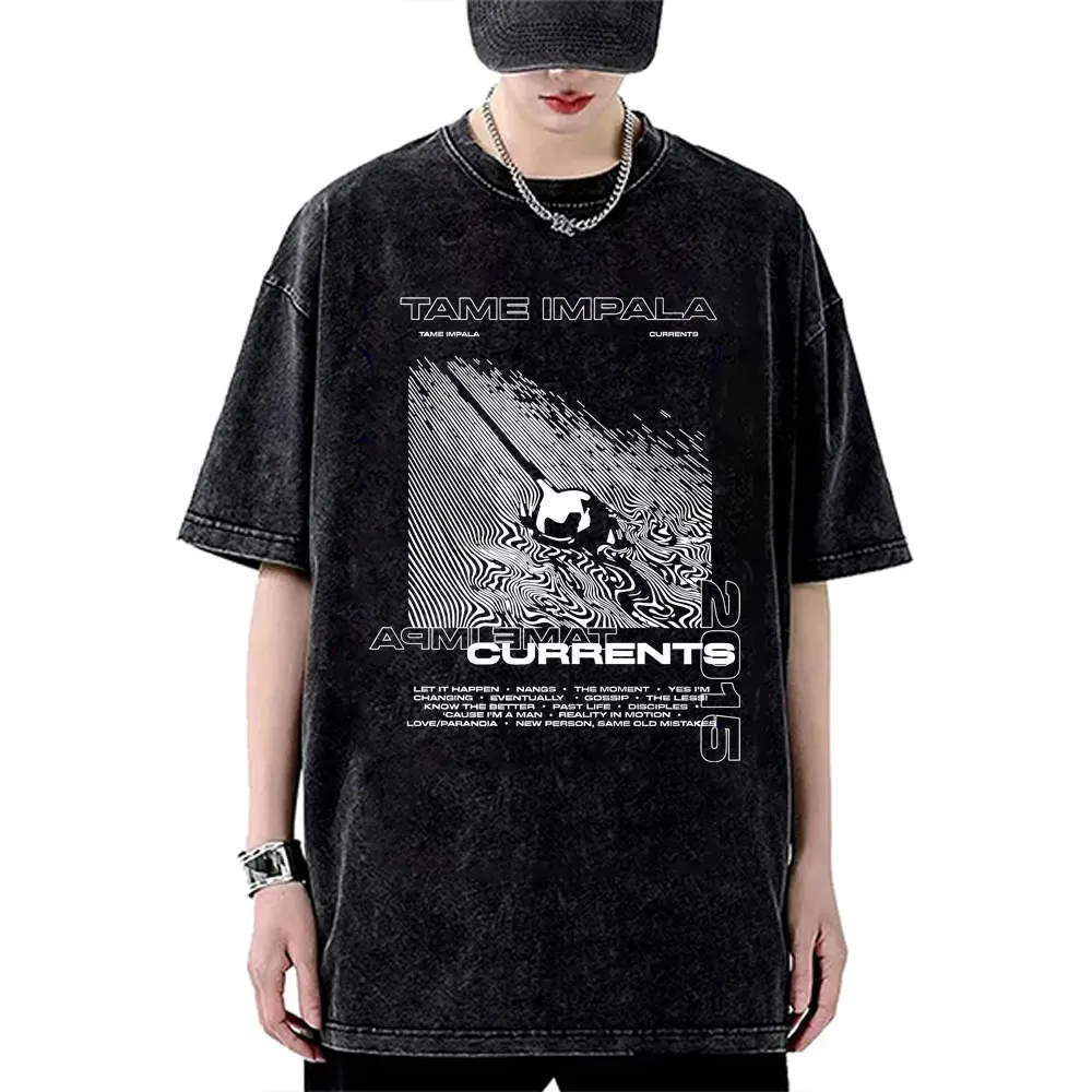 

Washed Vintage Tame Impala Currents T-shirts Men Women Clothing Lndie Pop Rock Music T Shirts Men's Casual Oversized Tee Shirt