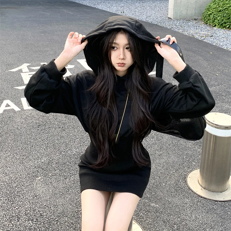 

Autumn Winter Slim Waist Tunic Hoodie Dress Women Korean Sexy Y2k Aesthetic Hooded Mini Dress Harajuku Street Vestido De Mujer
