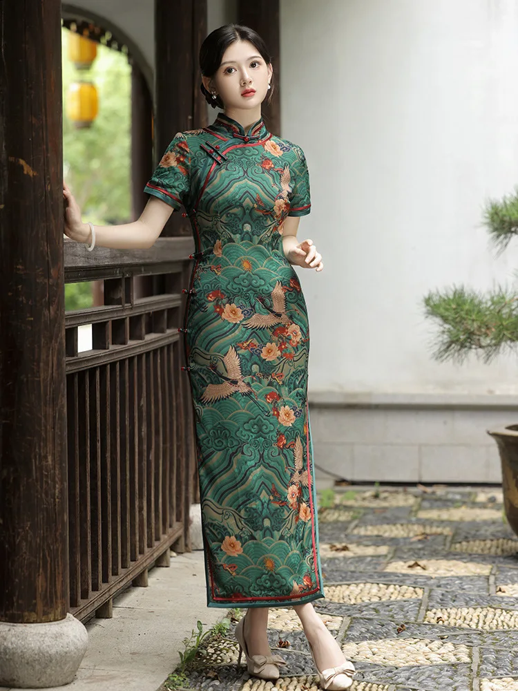 FZSLCYIYI Elegant Floral Crane Pritned Satin Long Qipao Short Sleeves Side Eight Button Double Layer Chinese Cheongsam Dress