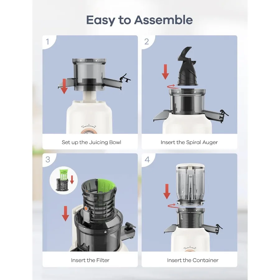大きな投入口を備えたコールドプレスジューサーは、果物や野菜を丸ごと投入できるように設計されており、3つの機能を備えた低速咀嚼式ジューサーです。