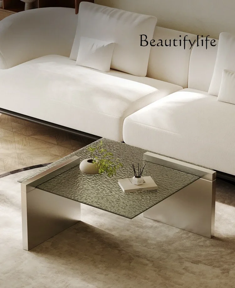 

yj5 square coffee table stainless steel light luxury high-end water ripple glass living room household small apartment modern si