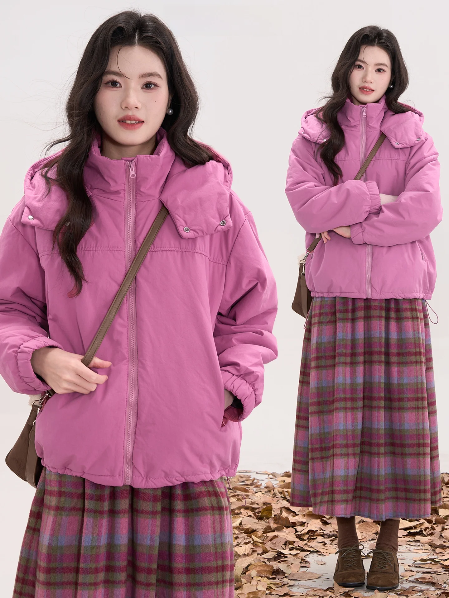 

Heme Soft Distressed Korean Style Mango Color Hooded Zipper Cotton Jacket White Enhancing Short Loose Fit Thickened Long Sleeve