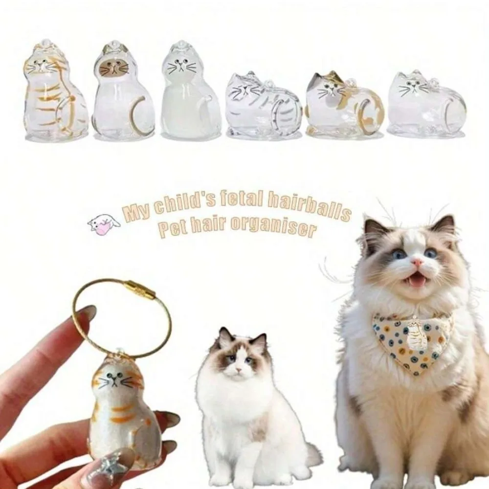 1/2pcs Transparent Cat Hair Keepsake Capsules Keychain, Cute Cat-Shaped Sealed Storage with Golden Collar, DIY Memorial Gift