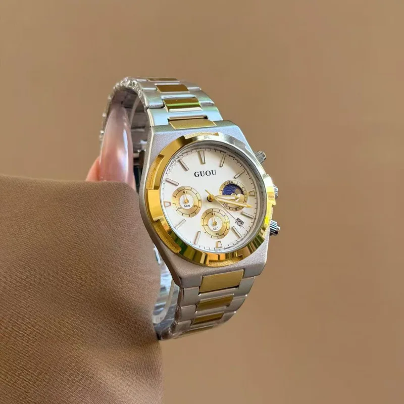 

New Men'S Multi-Functional Watch With Calendar Moon Phase And Chronograph Stainless Steel Strap Wristwatch High-End Men'S Watch.