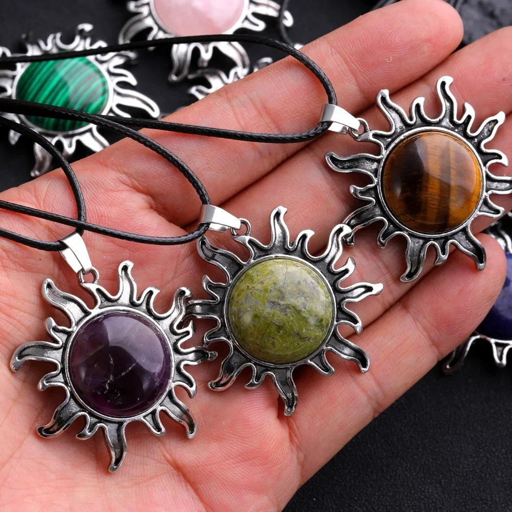 Fashion Natural Gem Stone Quartz Crystal Tiger-eye Plated Silver Alloy Sun Pendant Jewelry Making Accessories Sun Necklace Gift