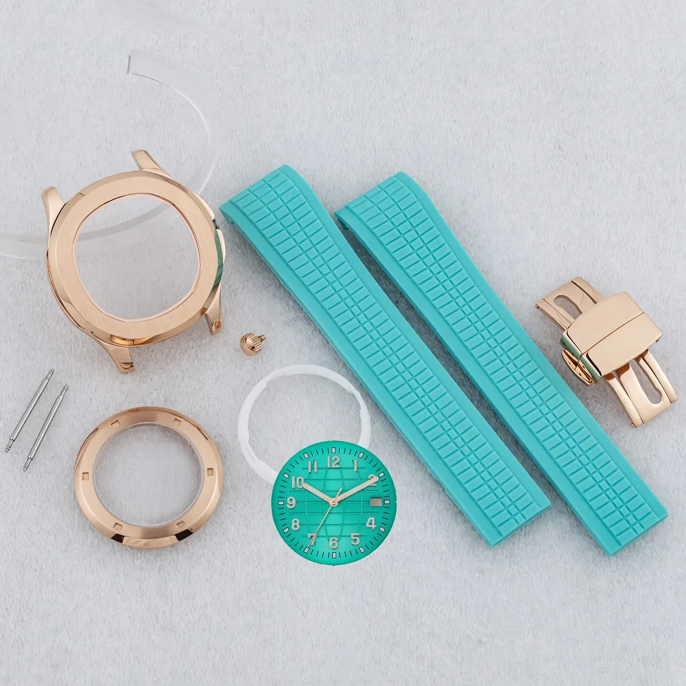 

Rose Gold 42MM NH35 Case Light Blue Rubber Strap Luminous Dial Hands 100M Waterproof for AQUANAUT Nautilus NH36 NH38 Movement