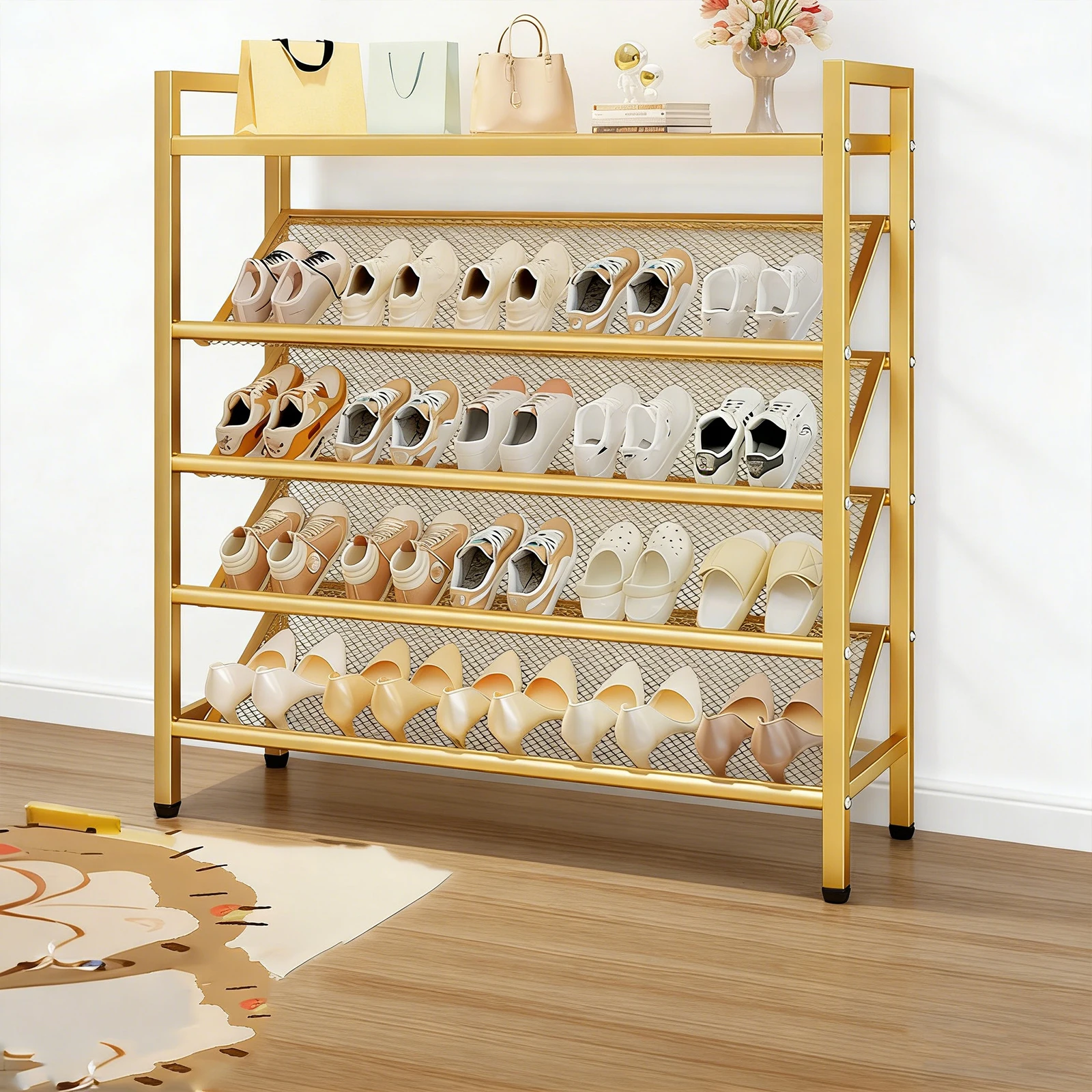 

Узкая 5-ярусная полка для обуви с верхней полкой и металлическим каркасом, регулируемые ножки, для прихожей, спальни и гостиной