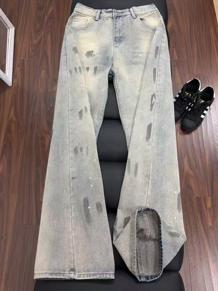 

Retro American Blue Spray fiti Men's Jeans Cleanfit Waed Distred Straight Leg Denim Pants Autumn Youth Casual Jeans