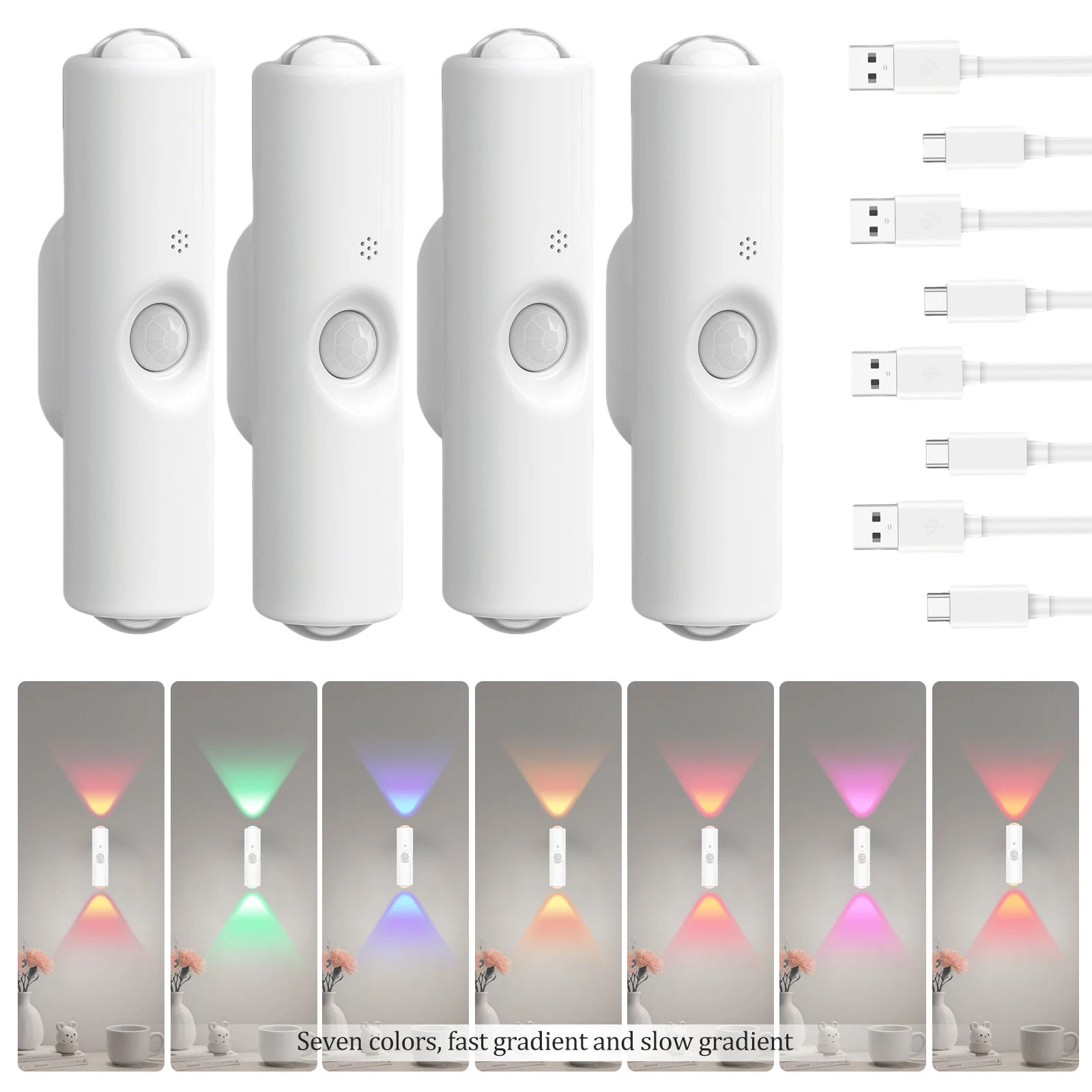 

Набор из 4 беспроводных настенных светильников с датчиком движения и пультом ДУ, перезаряжаемые, с регулировкой яркости, 7 цветовых режимов, для помещений