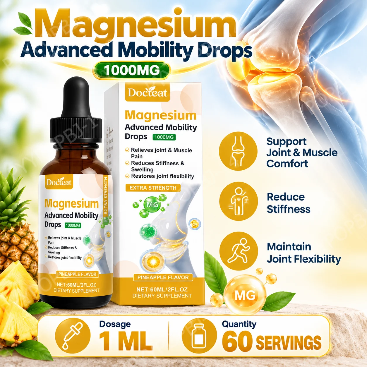 Magnesium Mobility Drops, Support Joint & Muscle Comfort, Reduce Stiffness, Maintain Joint Flexibility, Bromelain D3,1000MG 60ml