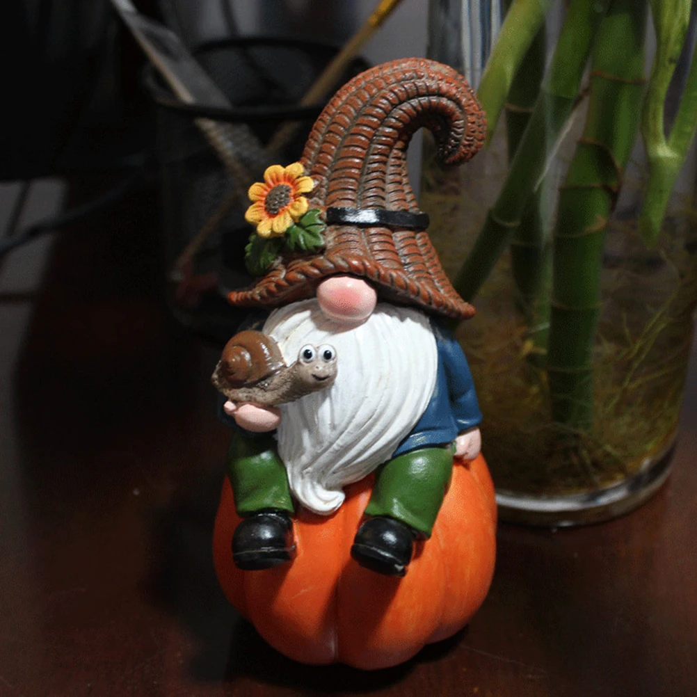 Gnome Statue Garden Gnome Figurine Gnome Sitting On Pumpkin Sculpture Autumn Harvest Yard Gnome Ornament Figurine HalloweenDecor