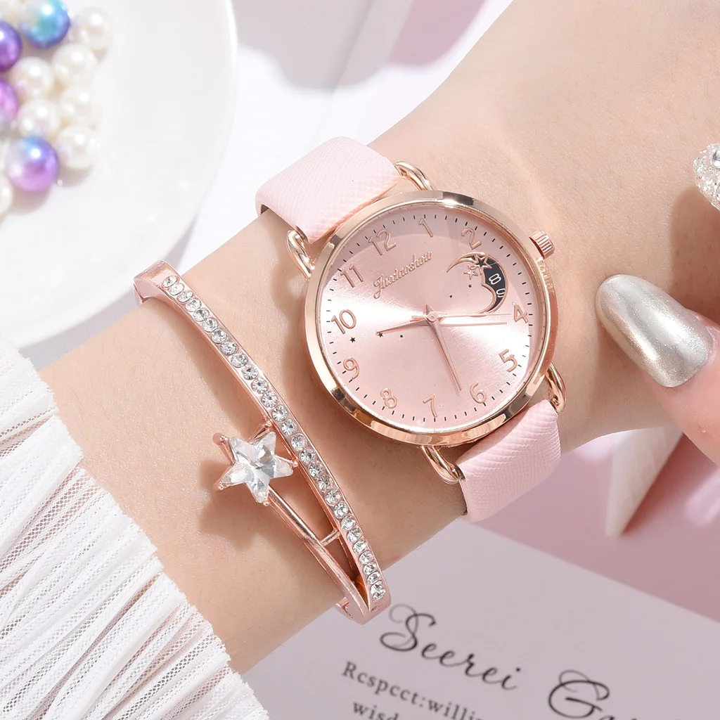 Jam tangan wanita terbaru 2024 kasual gelang Dial angka bulan Set gelang kulit wanita Quartz jam tangan feminin