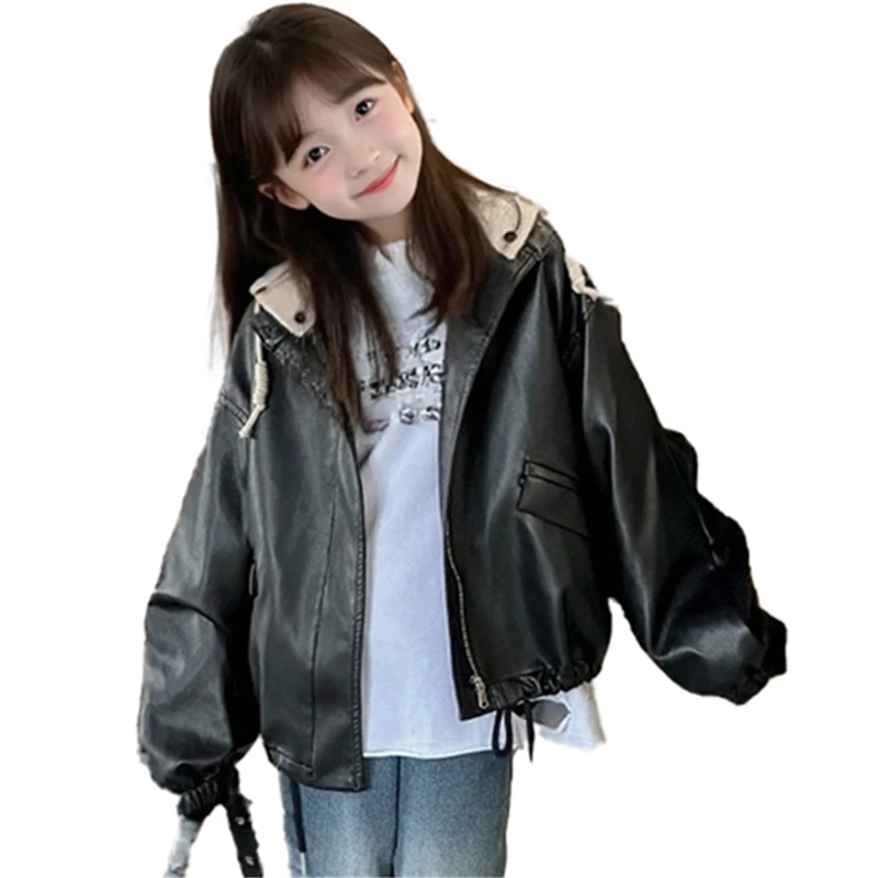 Veste en simili cuir à capuche amovible pour enfants, manteau en PU de couleur noire pour filles Tweens, avec capuche détachables