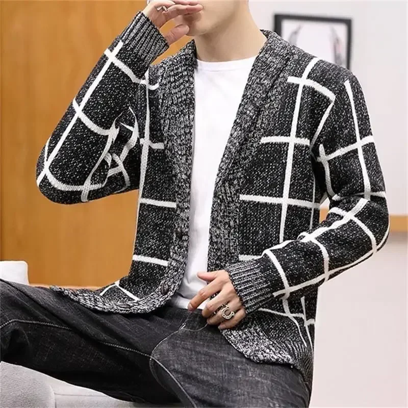 Knit Sweater Male Coat V Neck Jacket Plaid Men\'s Clothing Cardigan Fun Casual Knitwears Best Selling Products 2024 90s Vintage X