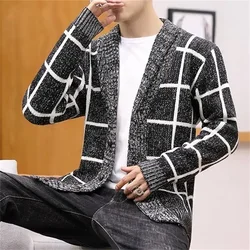 Knit Sweater Male Coat V Neck Jacket Plaid Men's Clothing Cardigan Fun Casual Knitwears Best Selling Products 2024 90s Vintage X