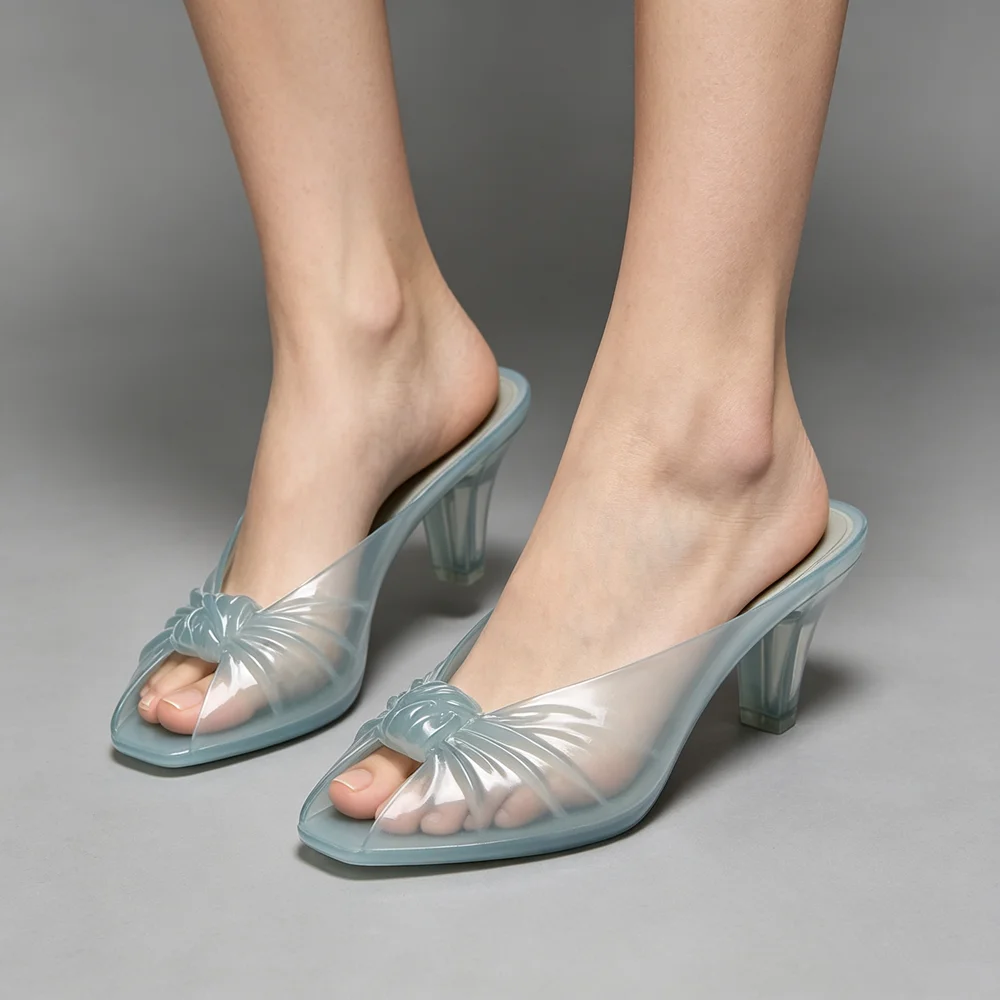 Women Transparent PVC Jelly Mules Peep Toe Pleated Knot Clear Block Heel Slip On Summer Daily Ladies Heeled Sandals Slippers