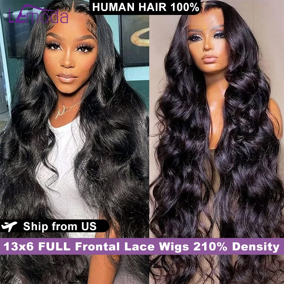 Lemoda 210% Density 13x6 Full Frontal Virgin Human Hair Wigs Body Wave HD Transparent Lace Front Wigs Pre Plucked Brazilian 12A