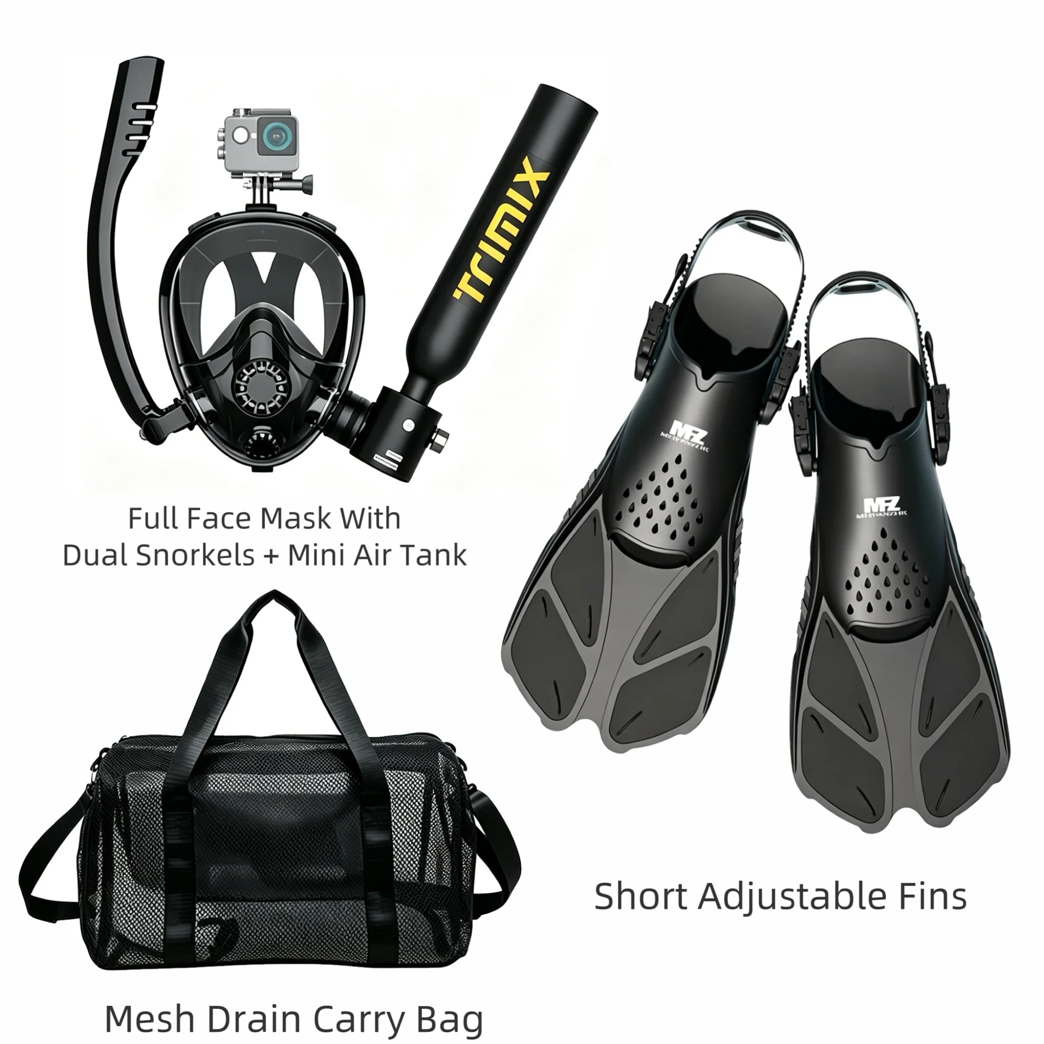 Value All-in-One Diving Set Short Fins with 0.5L Mini Air Tank for 8 Mins Underwater Diving