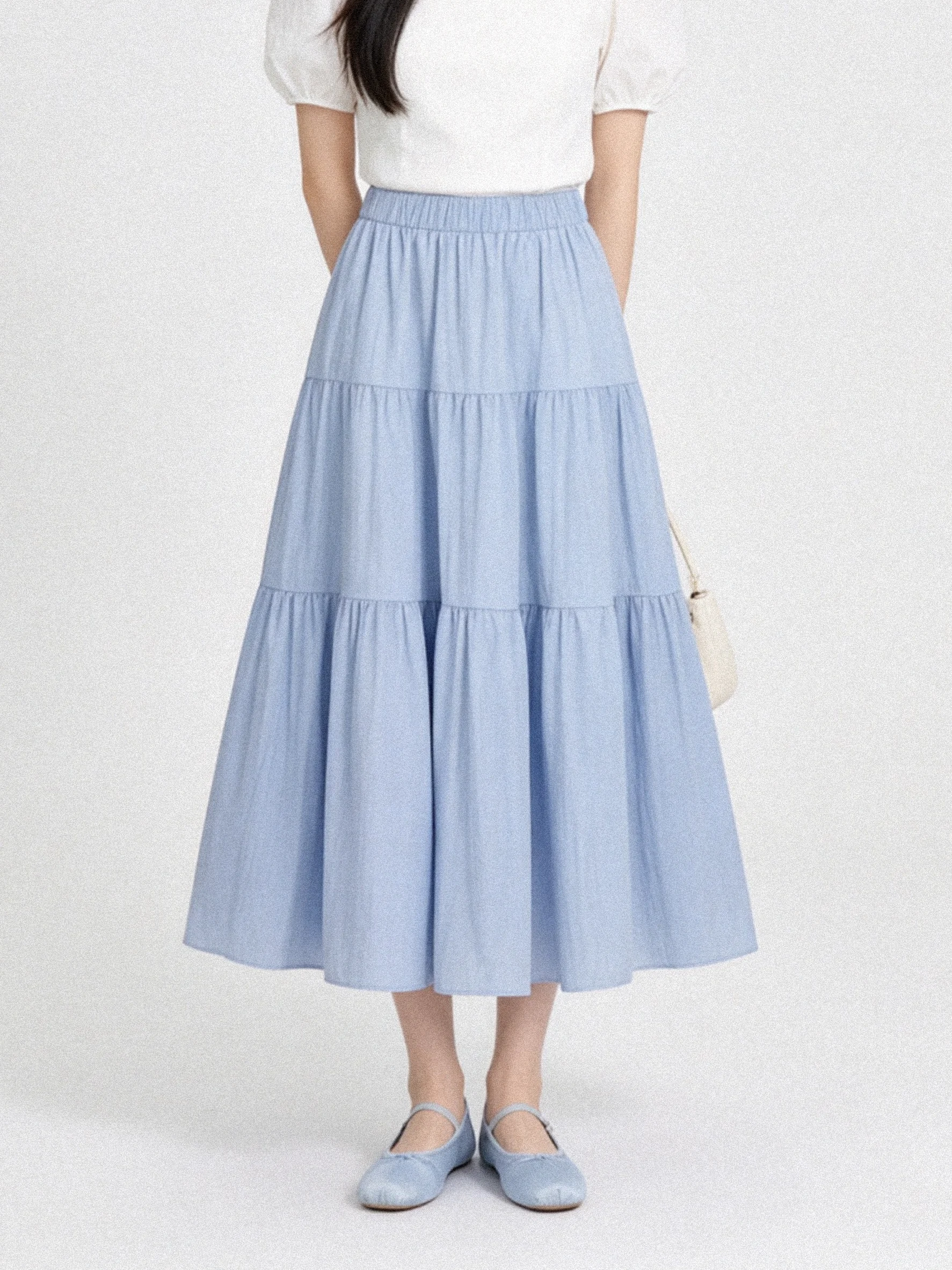 Summer Blue A-Line Midi Skirt Korean Style Loose High Waist Women's Skirt Breathable Comfortable Korean Fashion Skirt