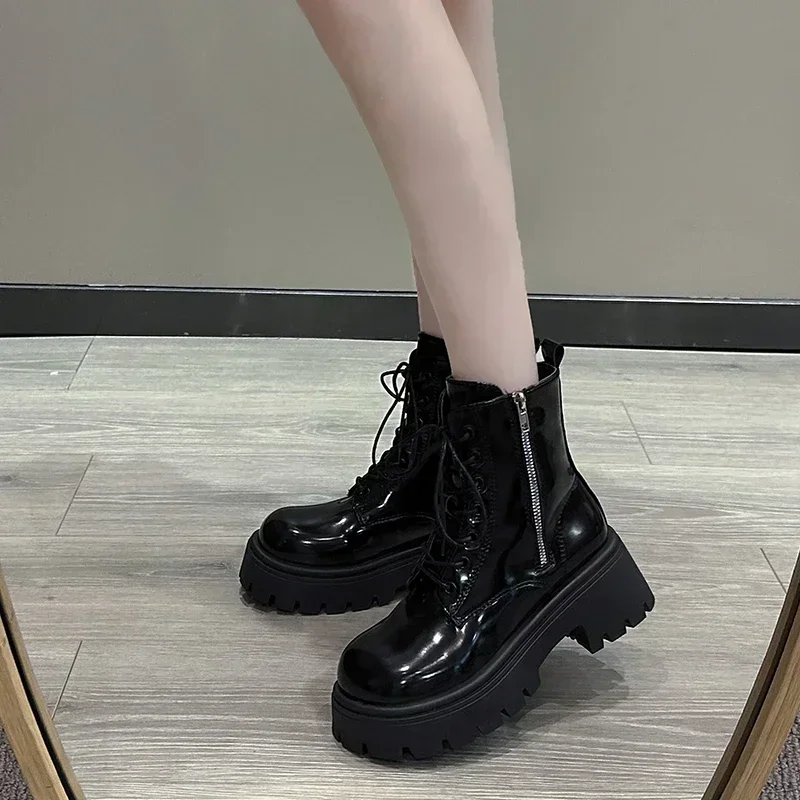 2024 New Women's Ankle Boots Anti-slip Round Head Front Lacing Back Zipper Women Shoes Patent Leather Square Heel Daily Commute