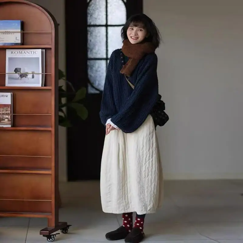 

Fleece-Lined Skirt Woman Winter High Waist Versatile Quilted Keep Warm Long Skirt New Loose Solid Color Temperament A-Line Skirt