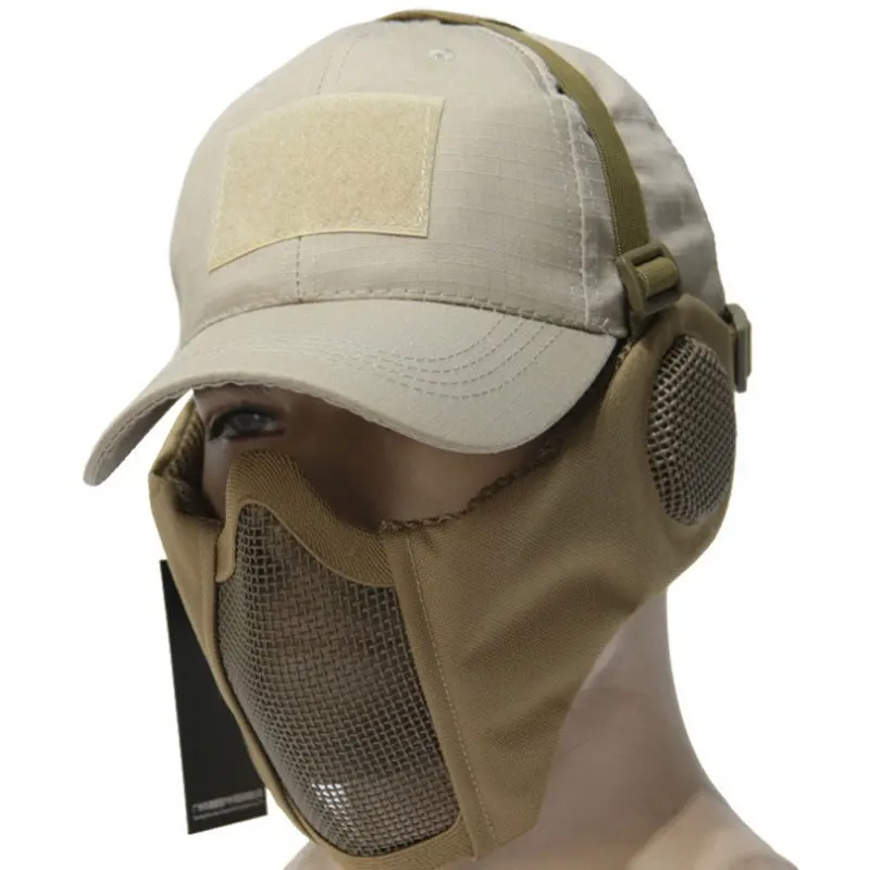 Steel Mesh Half-face Mask Camouflage Cap Military Fan Tactical 2 Pieces Set Ear Protection Breathable Mask QG226S