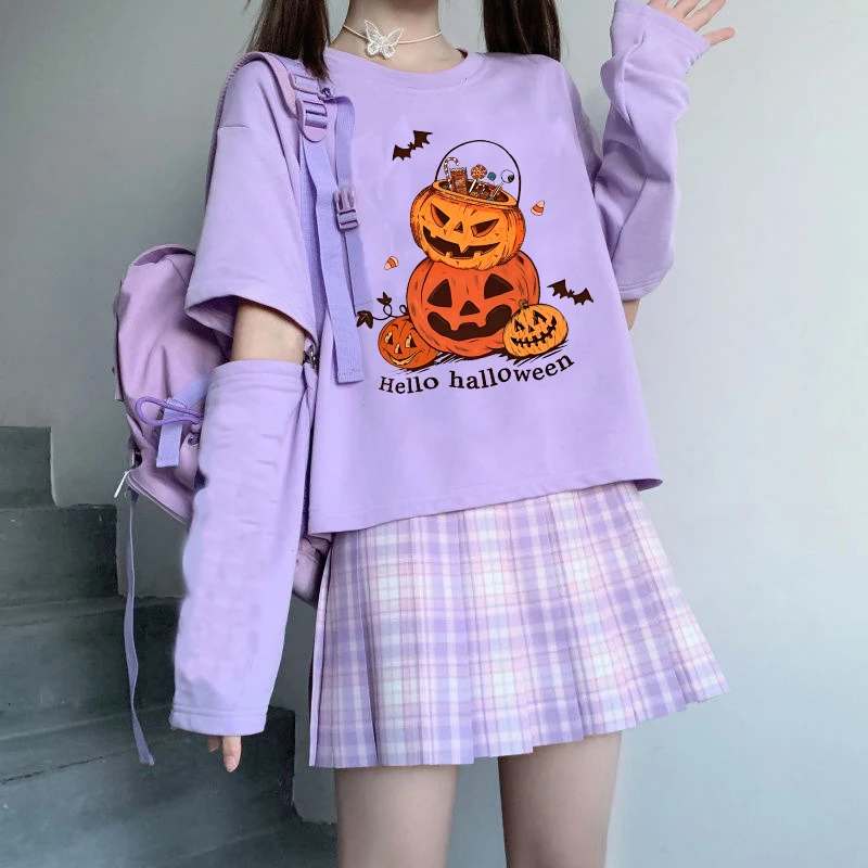 Women's Halloween Pumpkin Printed Round Neck Long Sleeve T-Shirt Goth Harajuku Top Loose Tee Cute Streetwear Fashion Clothes Y2K