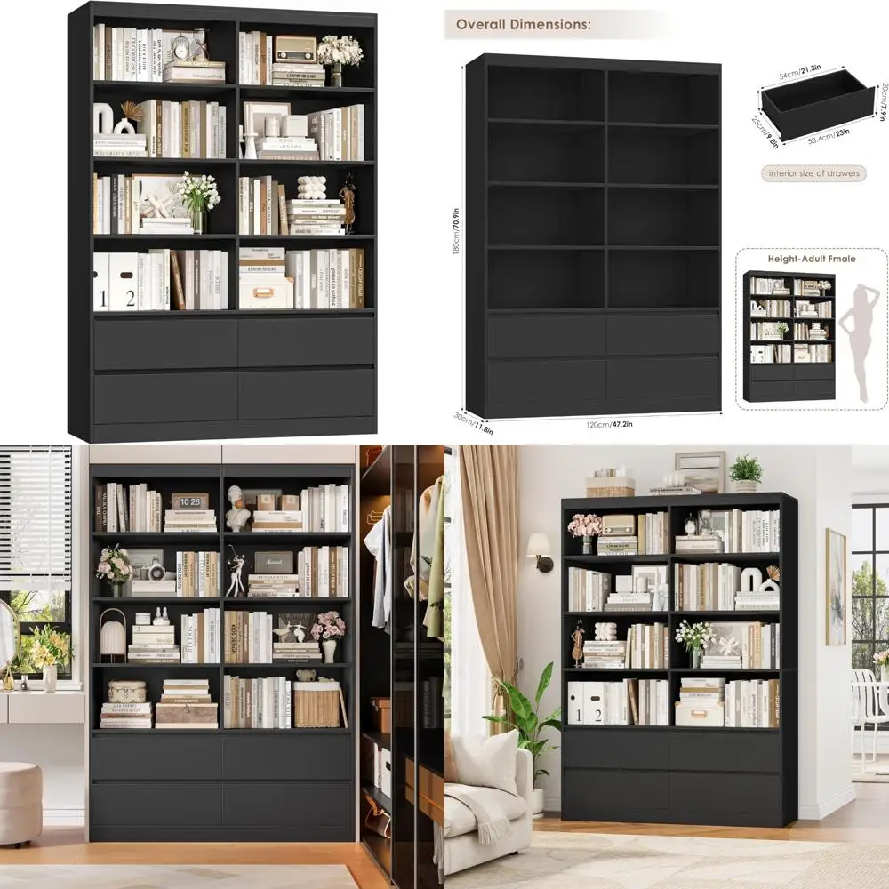 Grande libreria alta aperta con cassetti portaoggetti, librerie larghe 47,3 larghe e doppie larghe per l'home office