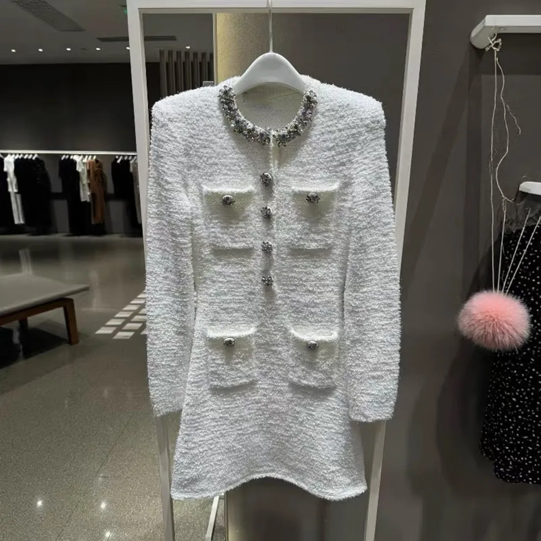 

High-End Knitted Long-Sve Dr with Diamond Decorations Ivory And Other Colors Luxury A-Line Silhouette Women's ...