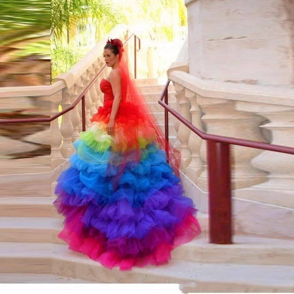 Vibrant Rainbow Tiered Tulle Ball Gown Wedding Dress Strapless Colorful Ombre Ruffle Bridal Gown With Long Veil Customized