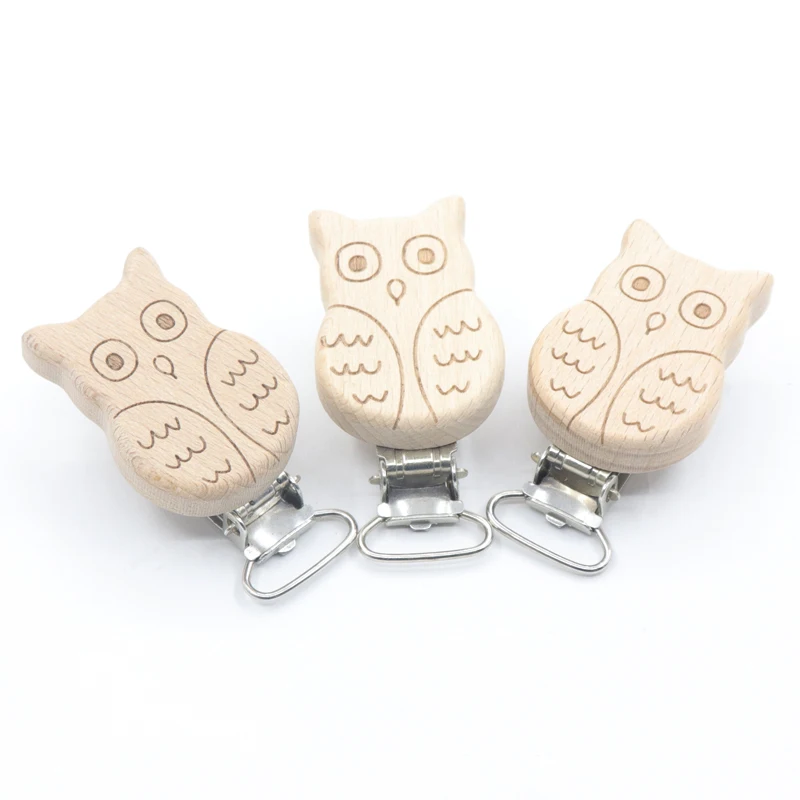 5Pcs Food Grade Beech Wooden Clip Cute Animal Heart Shape Dummy Clip for Baby Teething Pacifier Chain Holder Accesories