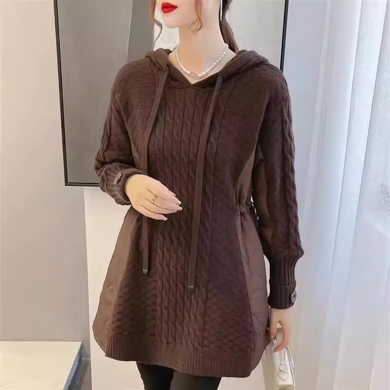 Women Patchwork Hoodies 2024 New Autumn Winter Drawstring Elastic Pullover Sweaters Female Casual Loose Hooded Outerwear Tops