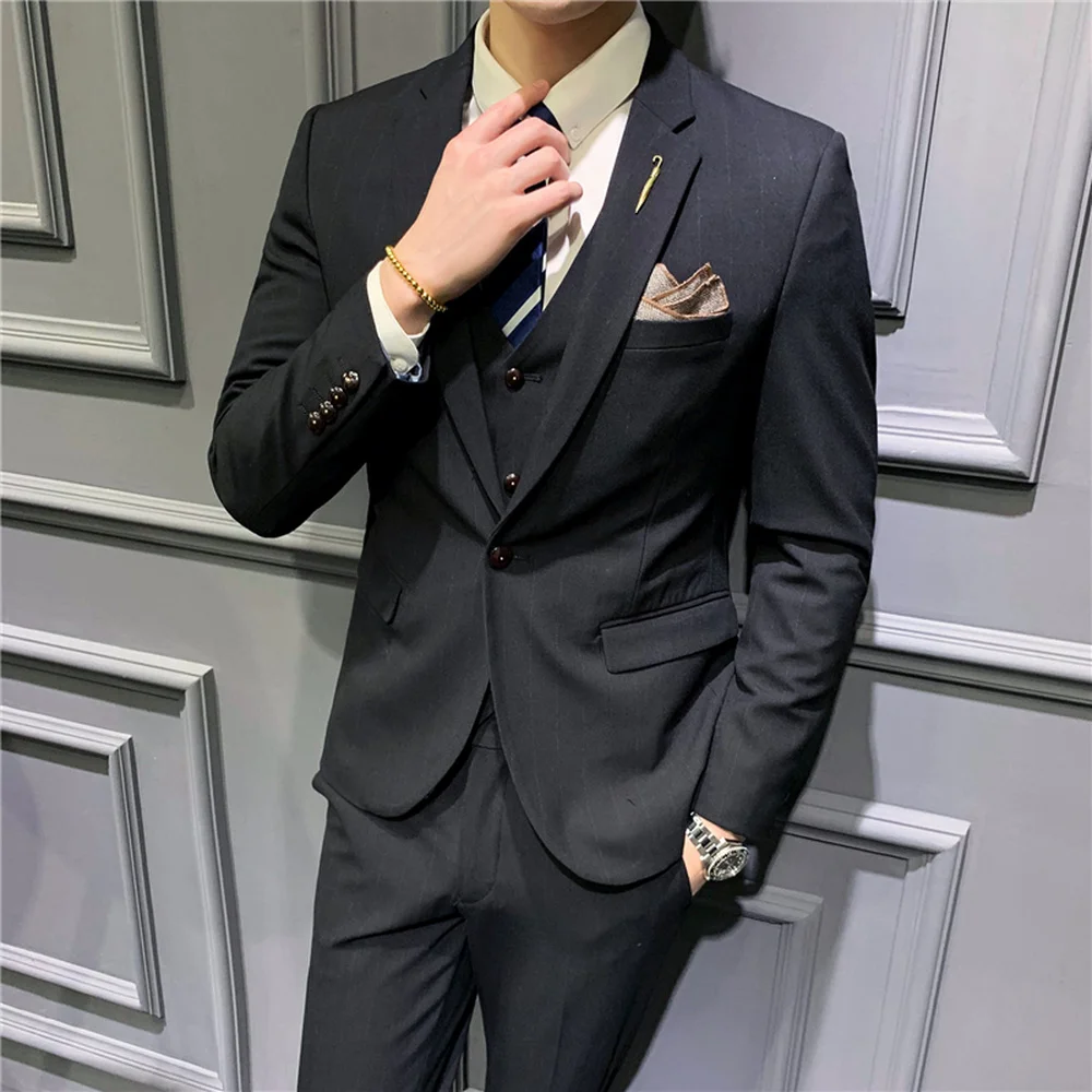 2023 Men\'s Fashion Boutique Striped Wedding Dress Suit Three Piece Set Male Formal Business Casual Blazers Jacket Vest Pants