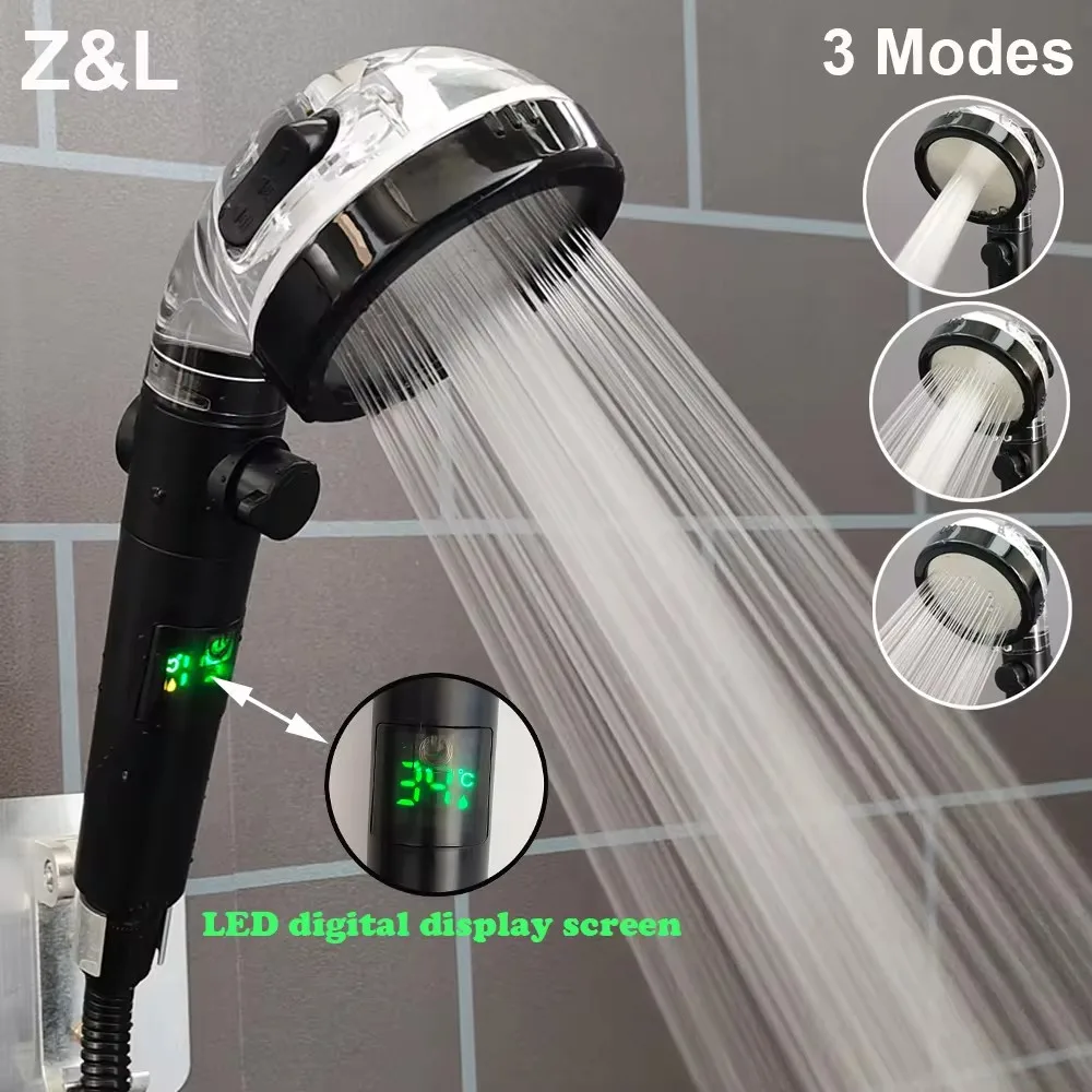 

LED Digital Temperature Display Shower Head 3 Modes Large Flow Spray High Pressure Rainfall Shower Faucet Bathroom Accessories