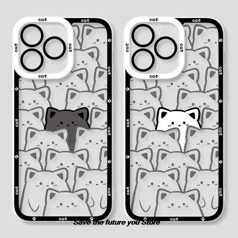 

Cute Cartoon Cat Phone Case For iPhone 13 12 11 14 15 16 Pro Max 14 15 16 Plus 13Mini Clear Couple Soft Silicone bumper Case