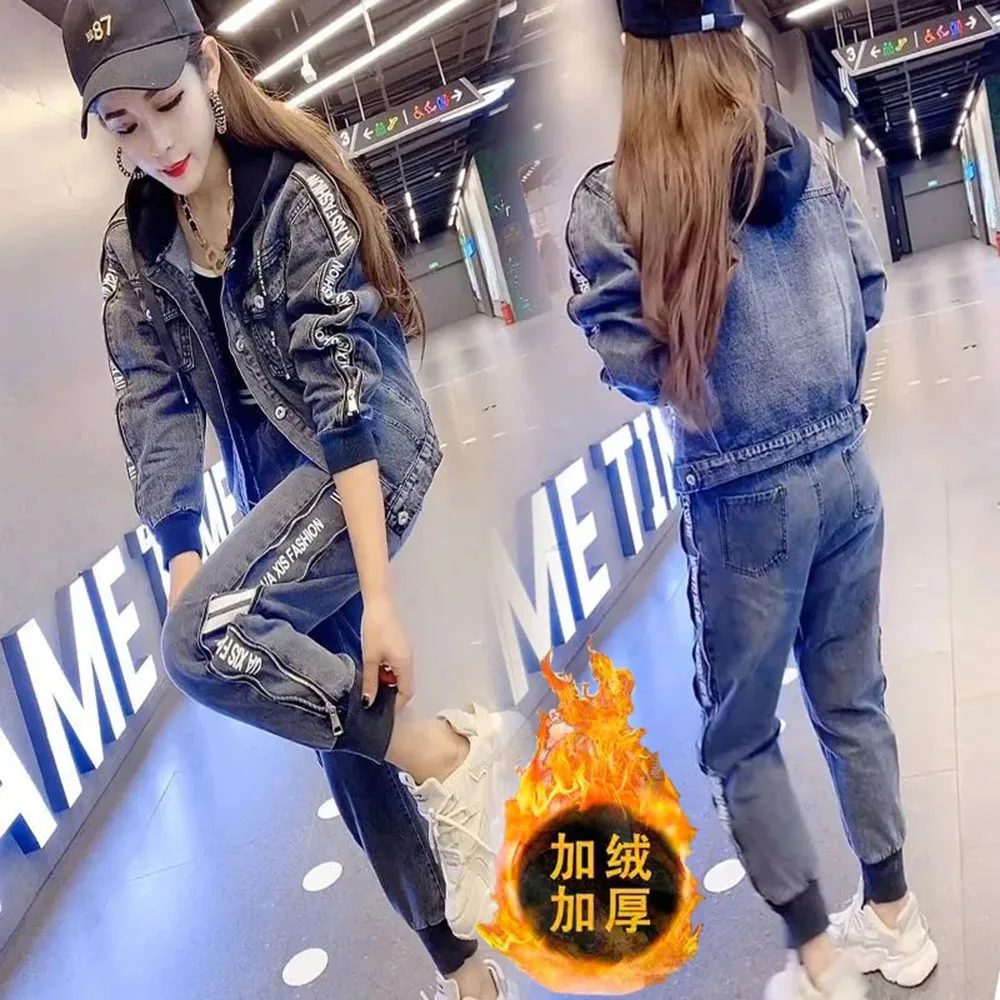 Winter 2 Piece Sets Women Outfit Hooded Denim Jackets Women's+Chic Zipper Pencil Jeans Street Oversized Denim Trousers Suit 6XL