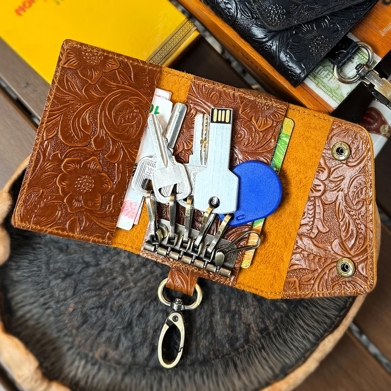 Cowhide Key Wallet Handmade Genuine Leather Car Key Bag Portable Housekeeper Keys Holder Card Slot Money Clip Short Purse