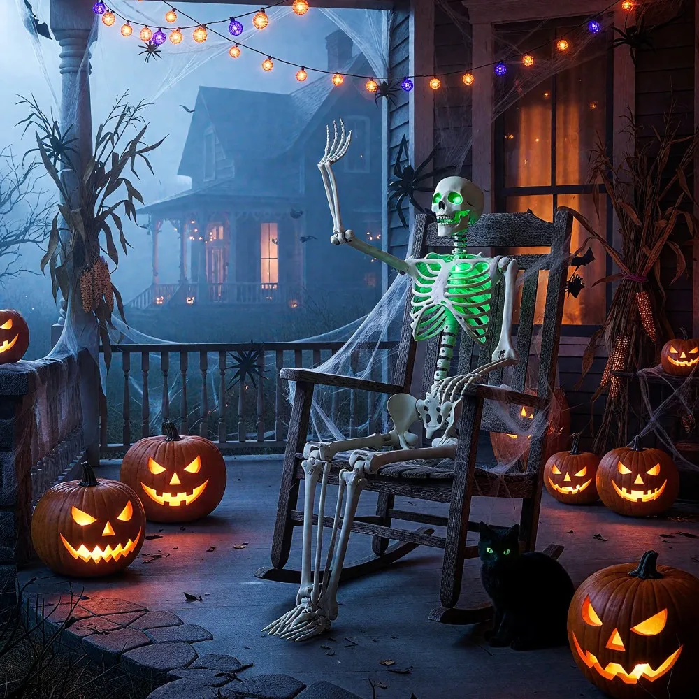 هيكل عظمي قابل للوضع للهالوين بالحجم الطبيعي مقاس 63 بوصة مع أضواء LED خضراء و8 مفاصل متحركة