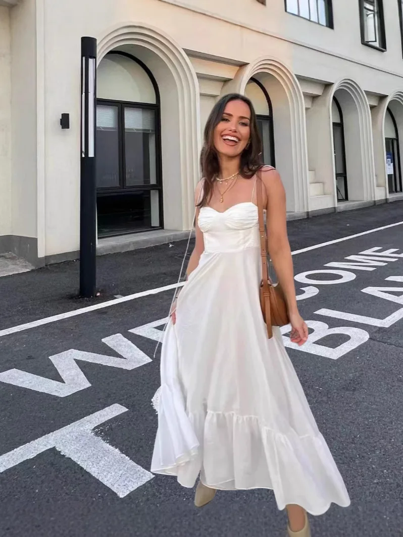 

Summer Dress 2025 New Women's Fashion Versatile Laminated Decoration Poplin Sleeveless Sling Long Dress Beach Women's Clothing