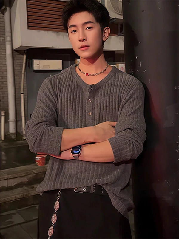 

Deep ey Men's Henry Collar Long Sve T-irt Knitted Stripe Top Lazy Sle Autumn Wear No Hat Sweatirt CleanFit Sle