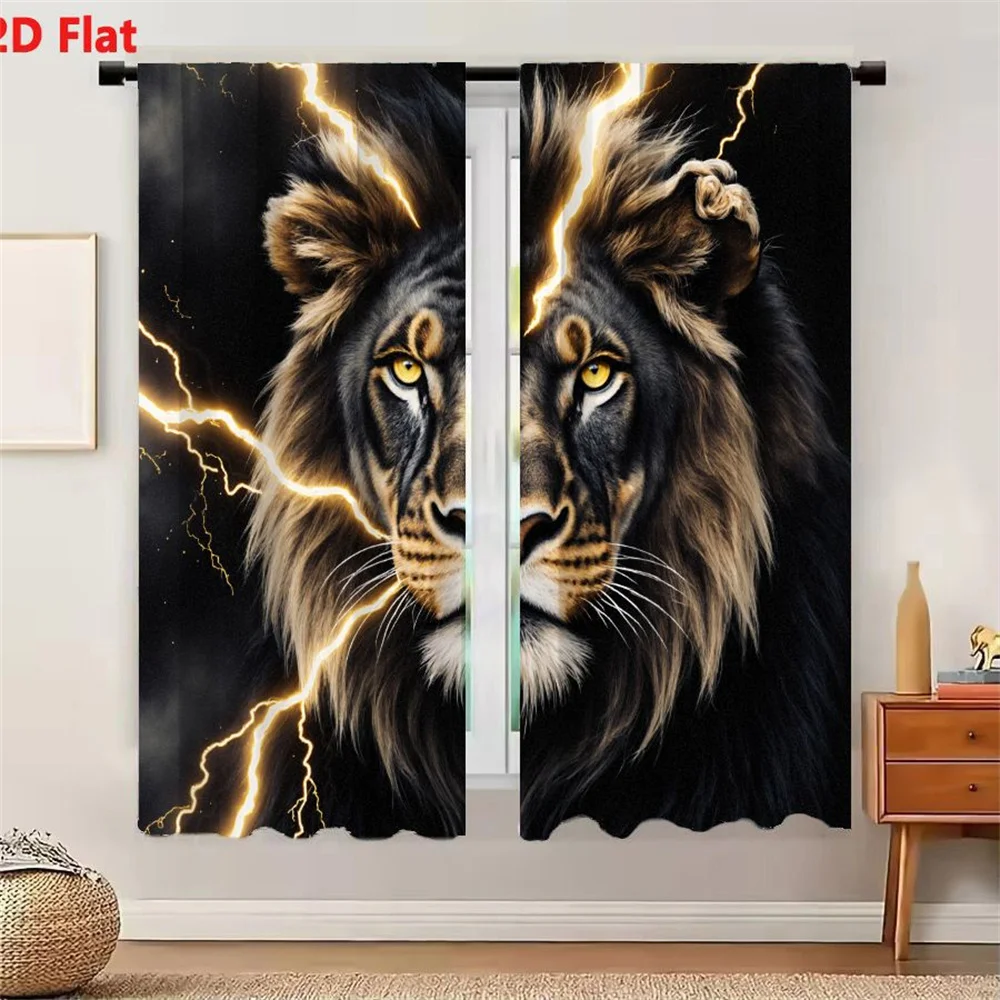 Lot de 2 rideaux 2D plats Lion majestueux avec fourrure marron foncé, crinière noire, barbe à pointes blanches, yeux jaune doré, expression sérieuse