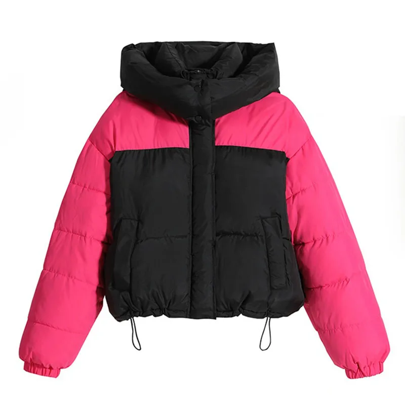 2024New Winter Vrouwen Blok Kleur Dons Katoenen Jas Korte Splicing Mode Losse Warme Jas Casual Bovenkleding Vrouwelijke Capuchon Parka