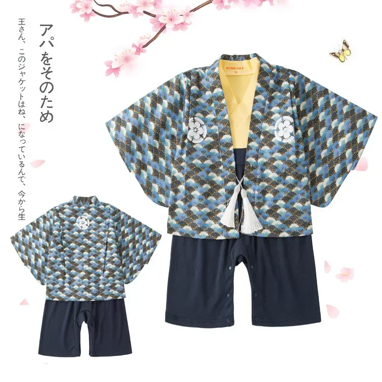 Spring Autumn Toddler Baby Boys Cotton Blue Floral Print Coat Romper Classic Japanese Style Kimono Baby Boy Clothes Set